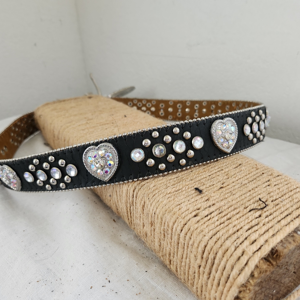 Women's Black Belt Sz SM Studded Rhinestone Hearts Western Rodeo Cowgirl Bling - Picture 5 of 7